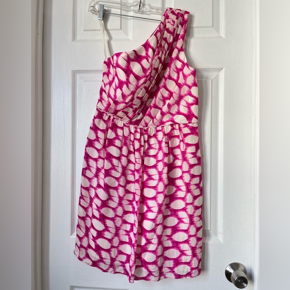 Shoshanna Alexis Print Silk One Shoulder Dress Pink White Size 8